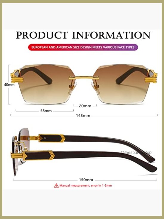 Retro Rimless Rectangular Sunglasses Vintage Frameless Unisex Tinted UV